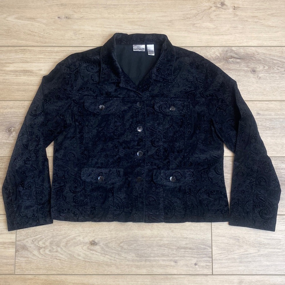 Chicos Black Velvet Trucker Jacket Paisley Moody Boho Whimsigoth Large